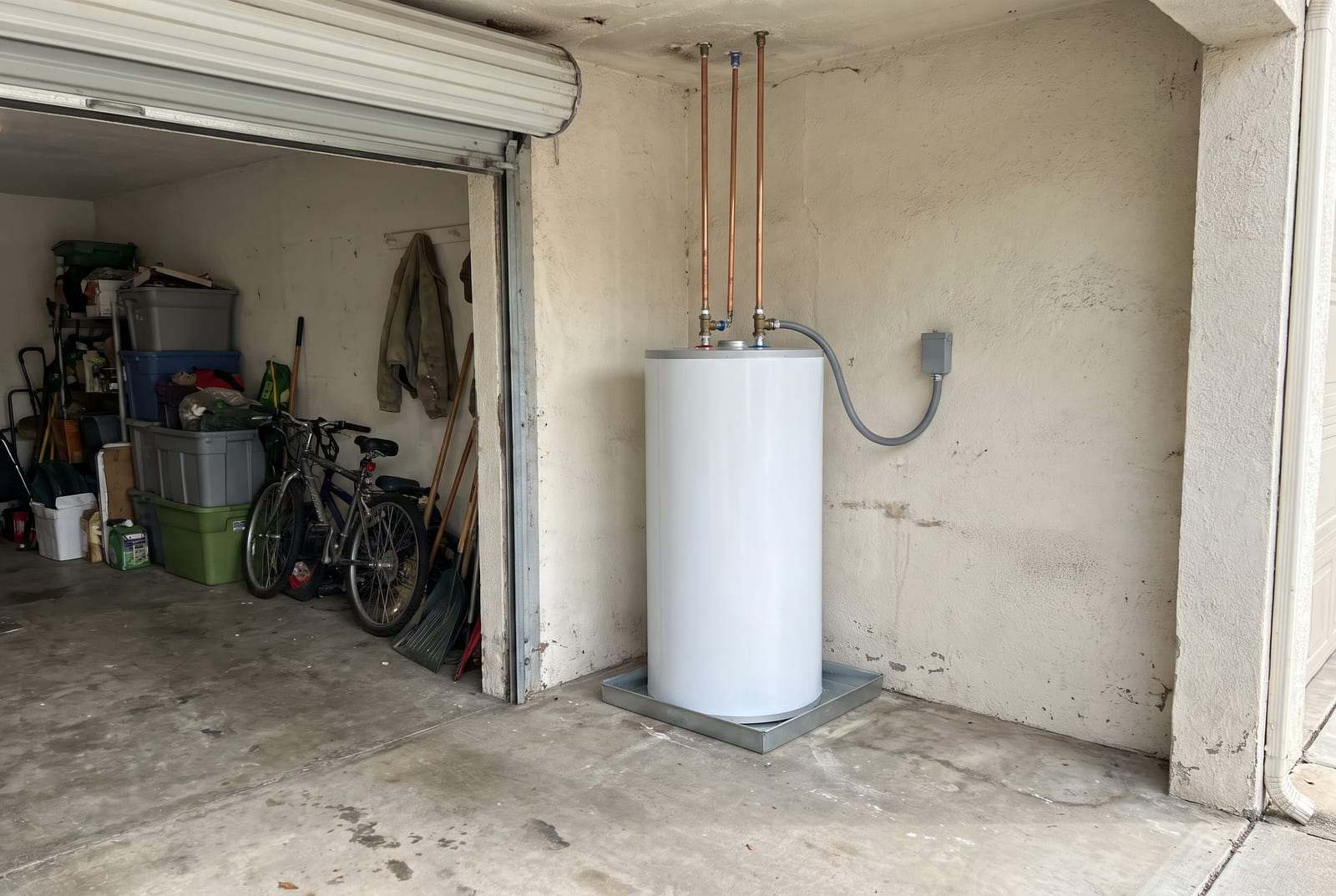Electric tank water heater standing in a drain pan in the corner of a garage