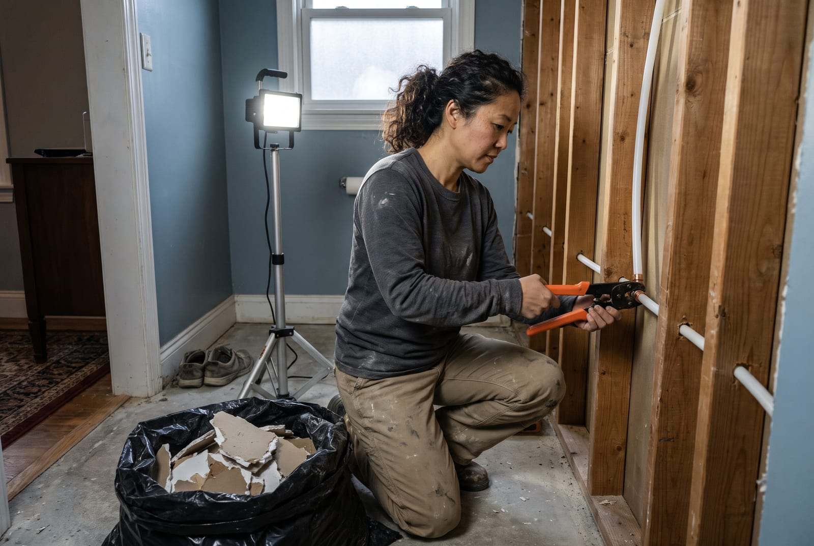 Technician crimping white PEX supply pipe inside an open bathroom wall