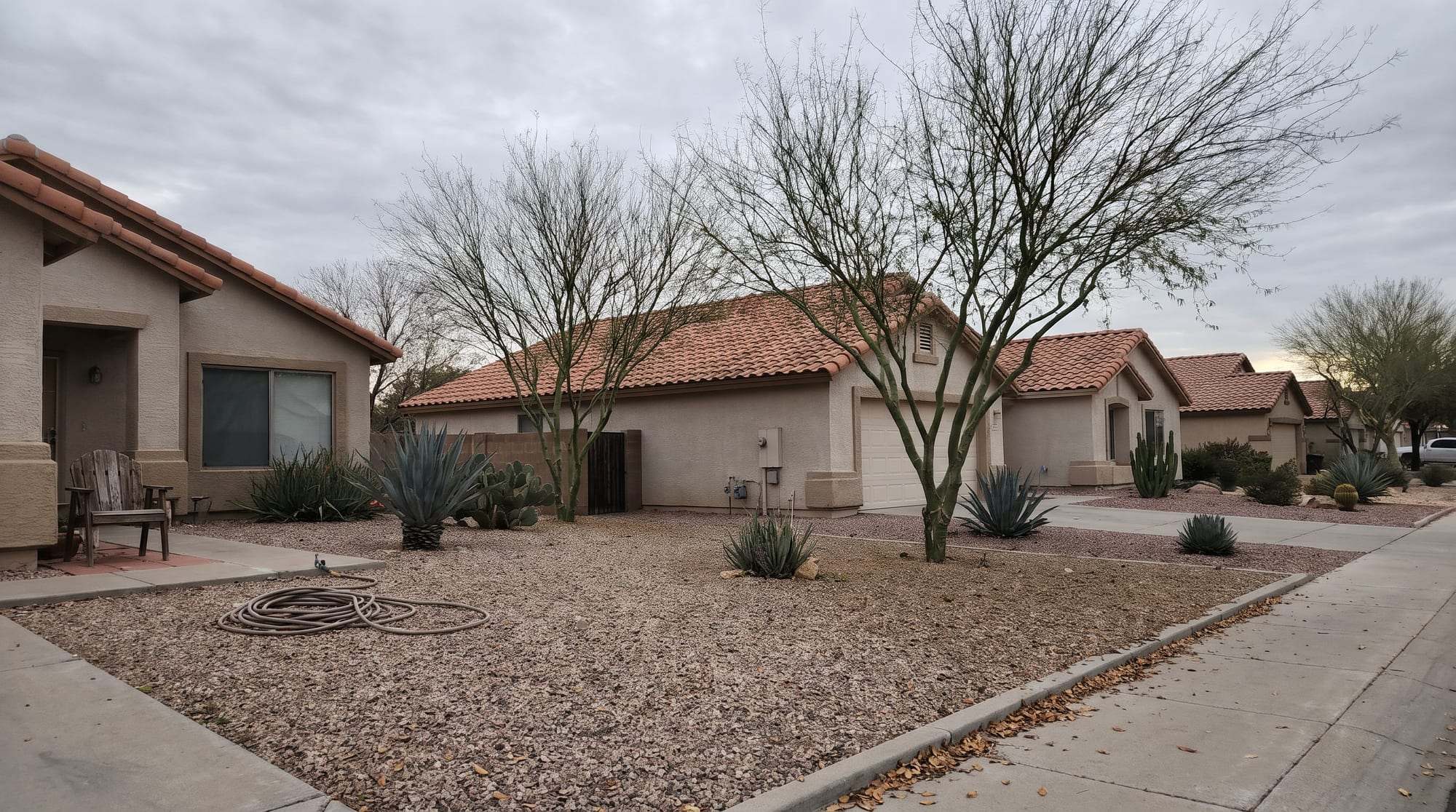 Residential street of stucco homes with tile roofs, gravel yards and desert trees